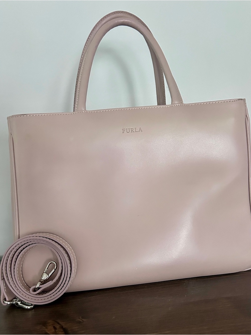 Furla Pale Blush Leather Tote with Detachable Strap